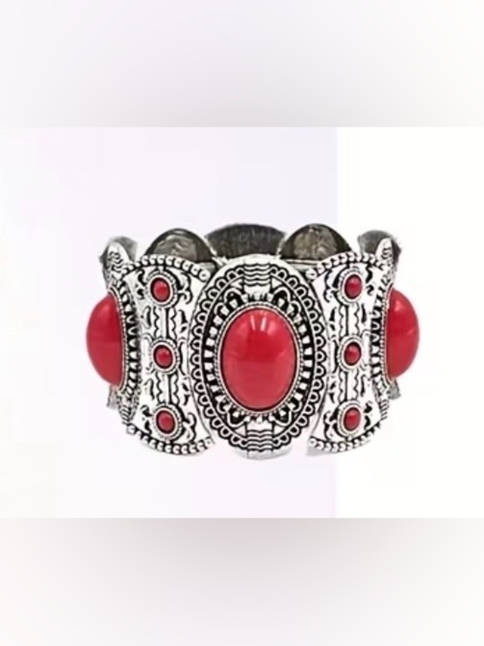 Western Bracelet Boho Silver-Tone Bracelet with Red Cabochon Accents